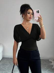 Elenzga Women's Spring/Summer Mesh Elastic Knit Lining Elegant Vacation Beach Commute Casual French Romantic Criss-Cross Shirred Gathered Shoulder Sleeve Waist Ruched Drawstring Ruffle Hem T-Shirt - Black - View 6