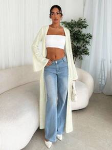 Glamine Women's Casual Semi-Sheer Knitted Fabric Longline Lightweight Jacket With Extra-Long Sleeves And V-Neck Fall Winter Cloth For Women - Apricot - View 1