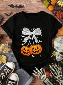 EMERY ROSE 大码夏季休闲万圣节南瓜印花圆领短袖T恤 - 黑色 - 查看 5