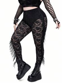 SHEIN Whyspr Goth Punk Halloween Gothic Lace And Tassels Darkwear Plus Size Leggings - Black - View 3
