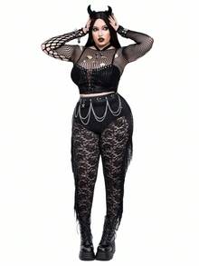 SHEIN Whyspr Goth Punk Halloween Gothic Lace And Tassels Darkwear Plus Size Leggings - Black - View 6