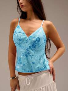 Avantive Áo hai dây thêu hoa sequin mới mùa hè, trang phục dự tiệc cho nữ - Màu xanh bạc hà - Xem 2