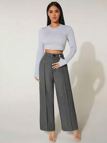 SHEIN PETITE 實色縫線前開衩寬褲 - 灰色 - 查看 6