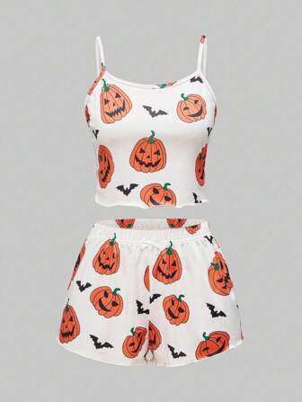 Ensemble pyjama camisole et short avec imprimé citrouille et chauve-souris gothique pour Halloween
