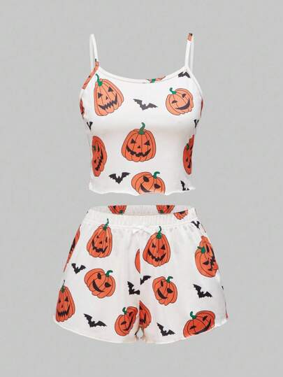 Gothic Halloween Pumpkin & Bat Print Camisole & Shorts Pajama Set