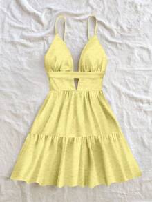 Soleia Women Casual Vacation V-Neck Hollow Out Frill Hem Mini Dress, Suitable For Summer, Resort Wear, Butter Yellow Dress, Springbreak ,Brunch-Ready Summer Dresses For Women Suitable For Going Out