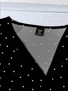 EMERY ROSE Camisa Solta Estampada em Bolinhas Pretas e Brancas, Estilo de Férias, Gola V, Mangas Curtas, Casual Diária, Férias, Roupas de Verão Femininas, Roupas de Férias Femininas, Plus Size - Preto - Visão 5