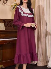 Côtesoire Váy ngủ nữ viền bèo nhún phong cách cung điện Pháp, Thu Đông - Màu tím - Xem 5