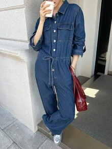 SHEIN Unity 女式秋季深牛仔蓝休闲通勤抽绳腰牛仔连体裤，秋季女装，外出服，商务休闲女装 - 中等水洗藍 - 查看 3