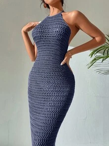 Breezaya 女式纯色针织无袖钩针连衣裙 - 淡紫色 - 查看 4