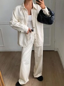 Livesso Women's Casual Denim Set With Collar, Pockets, Loose Fit Top And Pants Fall/Winter