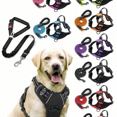 狗狗胸背带，可调节软垫背心，反光防勒颈牛津布背心，带控制手柄和汽车安全带环（可选）——附赠5英尺长结实牵引绳