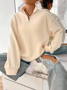 Women's Solid Color Zipper Half Placket Long Sleeve Casual Sweatshirt