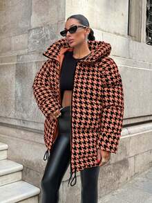 EURMUSE Pied De Poule Printed, Keep Warm Feature, Draw String Hem Detailed Puffer Winter Coat - Multicolor - View 4