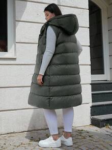 EURMUSE Plus Size Zip Up Drawstring Hooded Puffer Vest Coat - Army Green - View 2
