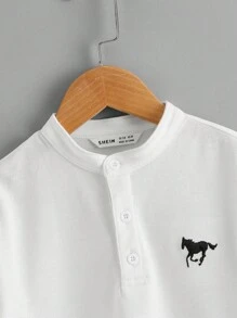 SHEIN 青少年男孩夏季学院风立领短袖刺绣马匹 Polo 衫