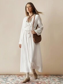 Florisole 度假休闲纯色吊坠装饰连衣裙 - 白色 - 查看 1