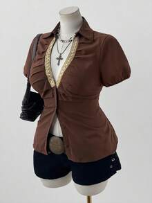 Sunspun Minimalist V-Neck Ruffle Trim Fitted Solid Color Blouse - Brown - View 6