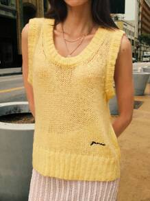 Easelle Retro Embroidered Deep U Neck Vest Tank Top For Women - Yellow - View 4