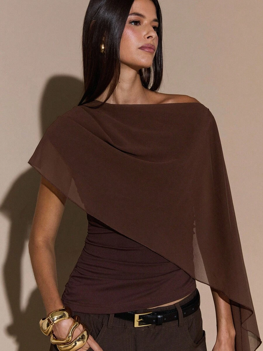 SHEIN BAE Women's Asymmetric Shoulder Ruched Neck Tie Blouse, Elegant Knit Top, Autumn/Winter,Blusas Femininas Elegante