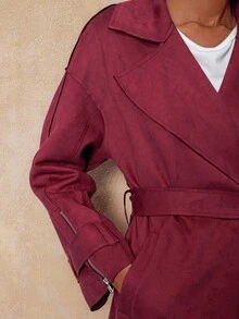 SHEIN Privé VITNOS Women's Burgundy Autumn Elegant Office Solid Color Lapel Neck Casual Trench Coat,High-End Winter Long Jacket For Date Night,Parties,Holiday - Khaki - View 6