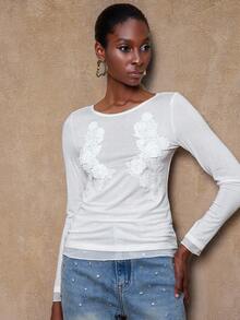 SHEIN Privé Pull tricoté avec application 3D ajourée pour femmes - Blanc - Voir 7