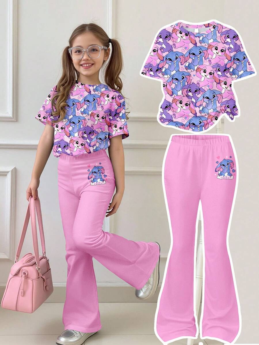 SHEIN Leap Crew 2件套可爱卡通蓝色兔子露露,缝线图案少女休闲简约短袖圆领T恤和喇叭裤套装,夏季 - 彩色 - 查看 1