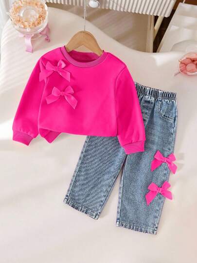 SHEIN Playful Pals 2pcs Girls Casual Sweet Crew Neck Raglan Sleeve Bow Decor Sweatshirt And Elastic Waist Loose Straight Leg Jeans Pants Set, Back To School, Spring/Autumn Fall Winter