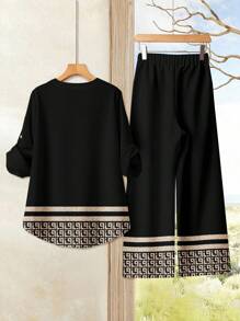 Rusticease 女士休闲纹理圆领上衣和宽松长裤两件套，适合秋夏季节女性穿着，两件套服装，秋季女装，休闲款。 - 黑色 - 查看 2