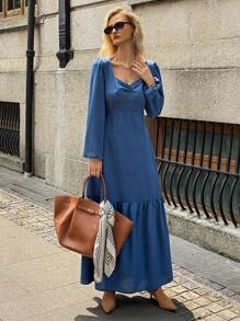Elyressa Vestido elegante de mujer de unicolor con escote de corazón y fruncido - Azul - Ver 6