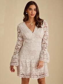 Enchnt 优雅纯色蕾丝喇叭袖连衣裙 - 白色 - 查看 6