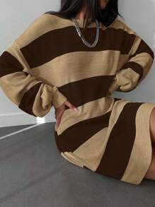 EURMUSE Women's Drop Shoulder Striped Sweater Dress - Chocolate Brown - View 4