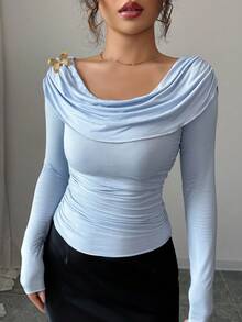 Modelyn Knitted Draped Neck Ruffle Long Sleeve Hollow Back Metallic Butterfly Decor Elegant French T-Shirt Fall Cloth For Women - Blue - View 4