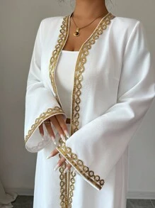 Elenzga 女士金色蕾丝拼接宽松长款休闲优雅两件套服装，适合外出、日常穿着、秋季 - 白色 - 查看 3