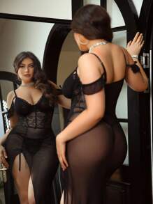 SHEIN 2 piezas Conjunto de lencería de encaje y parches para tallas grandes - Negro - Ver 3