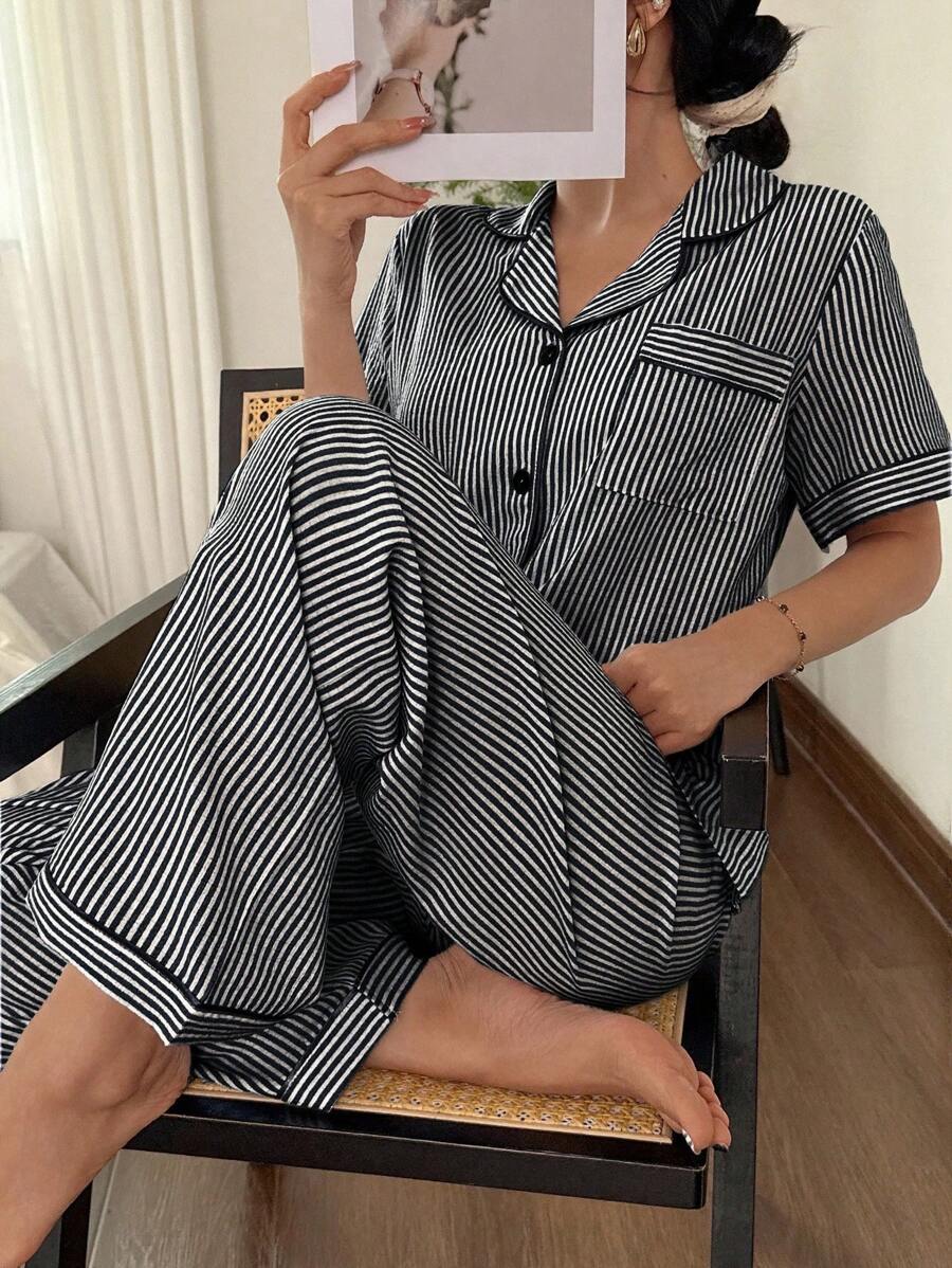 SHEIN Casual Black And White Striped Pajama Pant Set For Women With Regular Fit Women Pajama Set Button Down Pajamas Women Striped Pajamas Women Button Up Pajamas Women Women Pajama Set Button Down Nightgown Pajama Set - Black - View 1