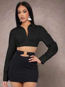 EURMUSE Camisa super curta de manga comprida e cor sólida da moda - Preto - Ver 6