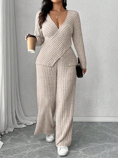 EURMUSE Plus Size Soft Knit Ribbed Fabric Criss-Cross Wrap Long Sleeve T-Shirt + Soft Ribbed Wide Leg Pants Casual Homewear 2 Pieces Set
