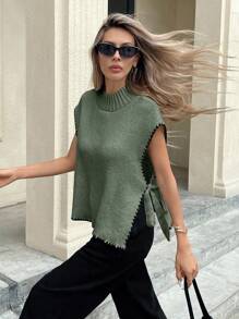 Serisse 秋冬女士立领碎花边侧系带宽松针织背心 - 橄欖綠 - 查看 6