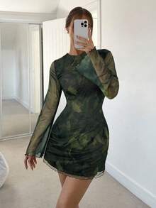 Siren Gaze 女士时尚性感扎染露背迷你连衣裙 - 軍綠色 - 查看 2