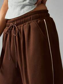 MISSGUIDED 寬腿冬季運動長褲 休閒褲 鬆緊腰 舒適休閒褲 條紋細節 舒適跑腿 寬鬆版型 抽繩可調節 - 摩卡棕 - 查看 4