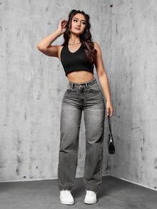 EURMUSE 纯色口袋休闲百搭直筒牛仔裤 - 淺灰色 - 查看 5