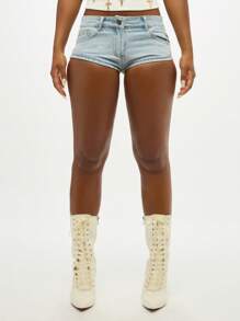 SUMWON WOMEN 复古风格牛仔热裤经典标志印花中腰夏季节日海滩做旧浅色洗水迷你短裤俏皮剪裁 - 藍色 - 查看 7