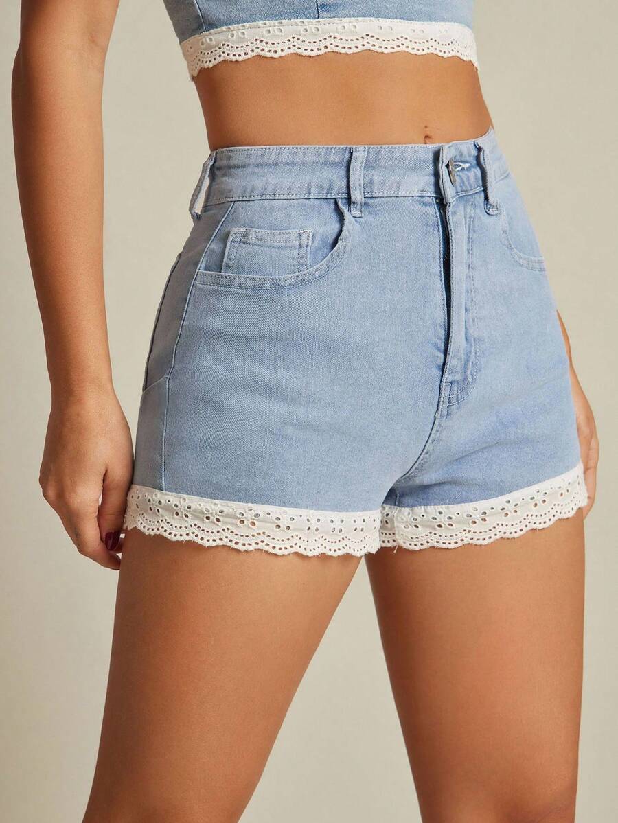 WESTFADE Western Mixed Media Cotton Blend Denim & Summer Floral Eyelet High Rise A Line Ruffle Shorts Back To School Cute Fall Country Summer Beach Vacation - Light Wash - View 1