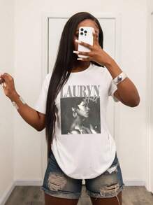 Rovax Women Letter & Figure Print Round Neck Short Sleeve Casual T-Shirt - White - View 3