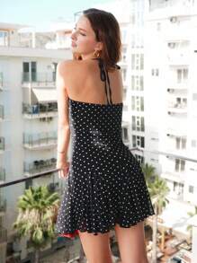 SHEIN Unity Women's Elegant Polka Dot Backless Halter Neck Dress, Summer - Black - View 3