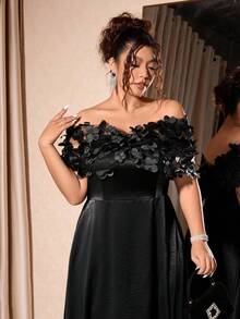 Cravure Christmas Plus Size Women's Off Shoulder Long Dress, 3D Floral Mesh Satin Shiny Extra Long Party Gown - Black - View 8