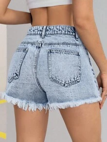SHEIN ICON Quần short denim sáng màu thường ngày có viền tua rua dành cho nữ - Rửa nhẹ - Xem 2