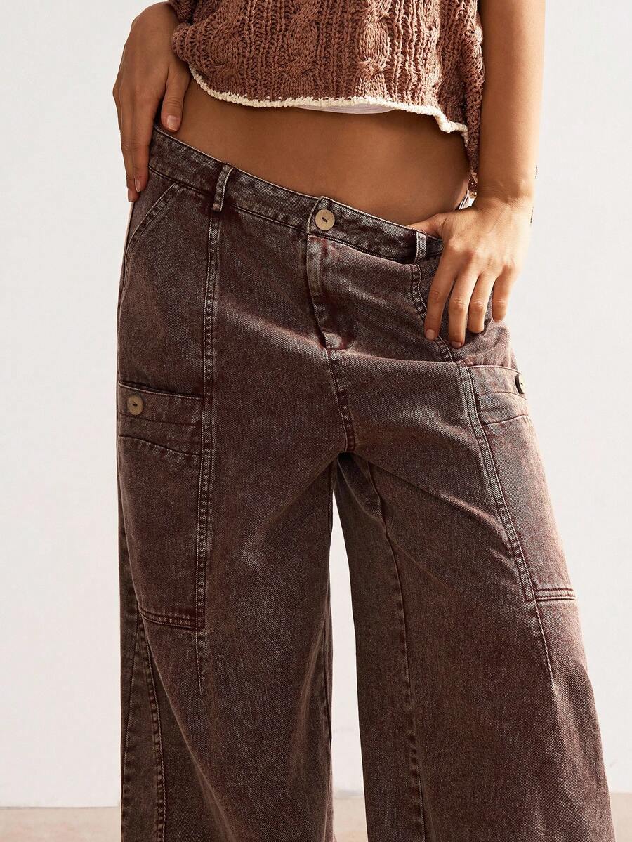 Bohemela Pantalones rectos sueltos de unicolor casual para mujer - Marrón - Ver 1