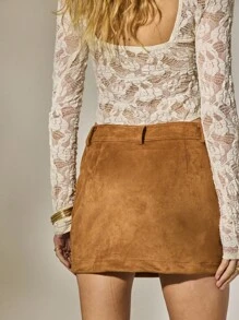 Aralina Fall Winter Western Stolkhom Style Suedette Mini Skirt Country Concert - Brown - View 2
